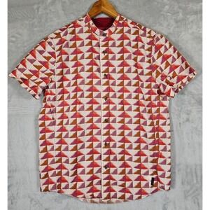 Prana Women Small Geometric Orange White Collar Blade Button Front Shirt Organic